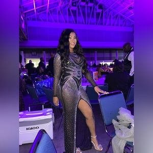 Black Mesh Sequin Embellished Formal Gown